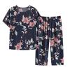 2 Pcs/Set Mid-aged Women Pajamas Set O Neck Flower Print Short Sleeve Elastic Waist Pleated Loose Thin Wide Leg Soft Sleepwear
