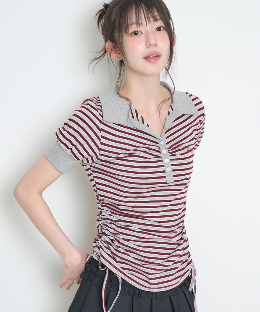 ILLIGO Striped Shirred Collar Tee Burgundy
