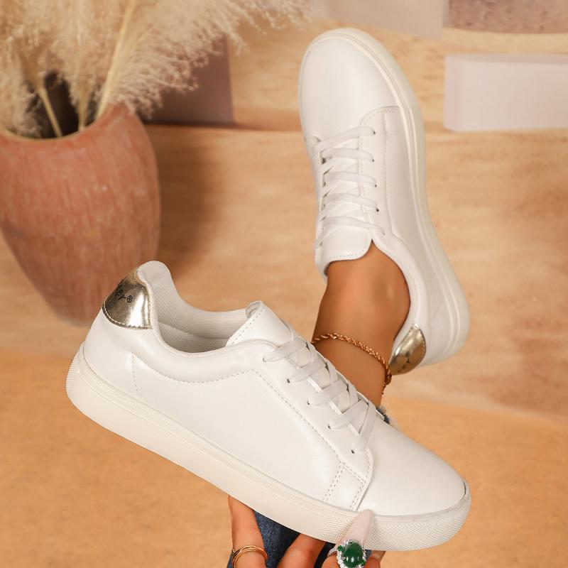 Fashion Casual Solid White Lace Up Flat Skate Shoes Women 2025 Autumn Fashion Silver Splicing Round Toe Sneakers Comfort Non Slip Shoes