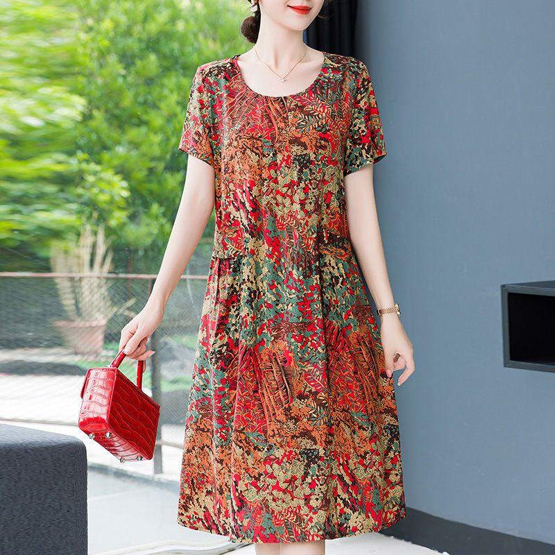 Женское летнее модное свободное хлопковое шелковое платье большого размера с короткими рукавами и цветочным принтом, темпераментные платья трапециевидной формы