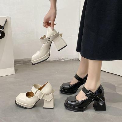 Французские туфли Мэри Джейн женские толстый каблук высокий каблук 2025 весна новые квадратный носок маленькие кожаные туфли ремешок с одной пряжкой с юбкой одинарные туфли