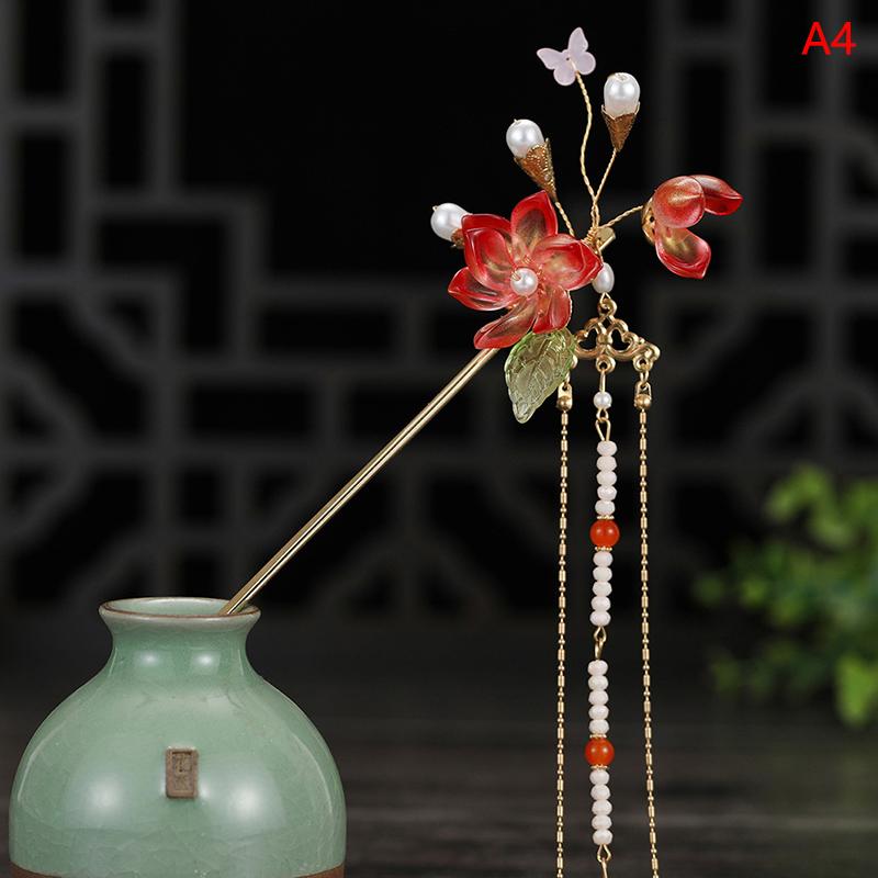 Retro Traditional Flowers Simulated Pearls Long Tassel Hairpins Hair Sti