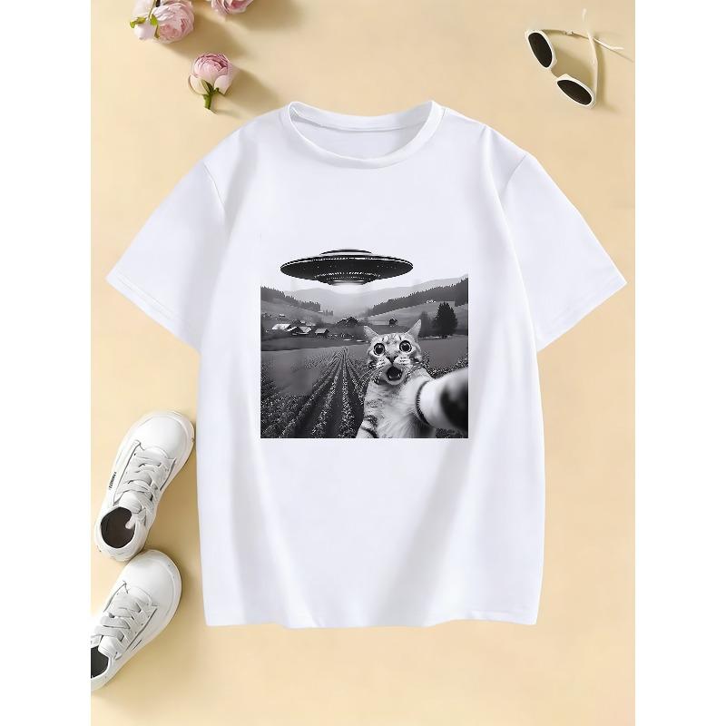 Ufo Cat Cute Design Cotton Printed Unisexs And Unisexs Personalized Short Sleeves Summer New Fashion Trend Loose Casual Tshirt