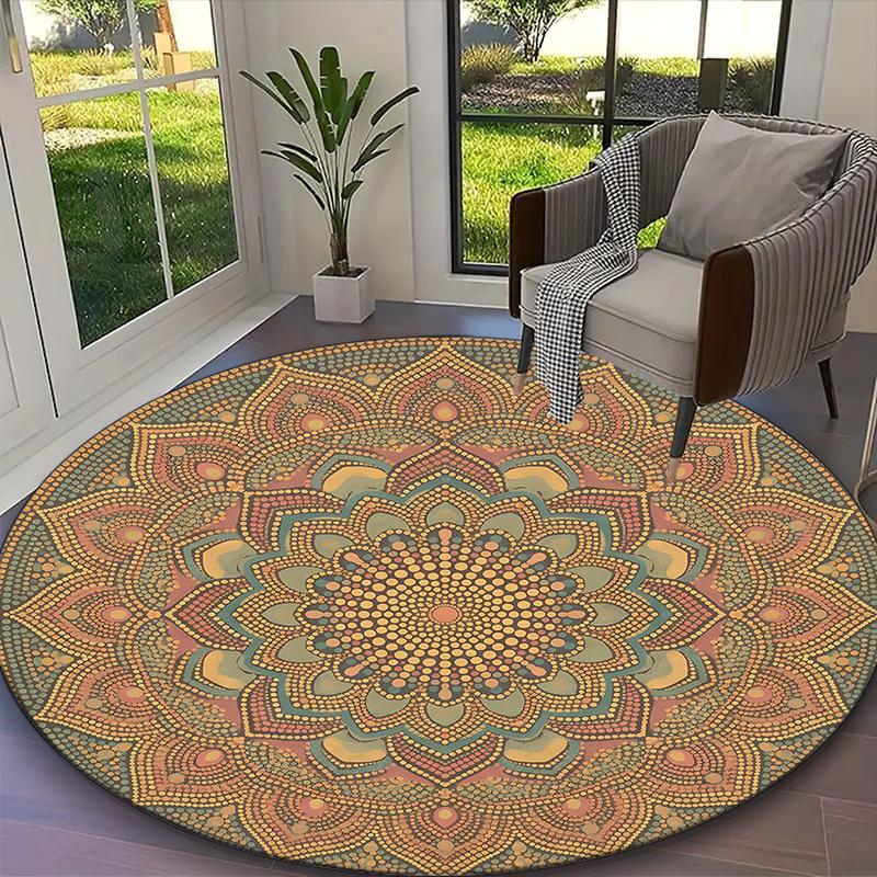 1pc Golden Teal Intricate Mandala Printed Chair Rug for Home Office Use, Living Room Kitchen Game Room Round Carpet