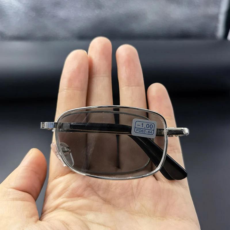 Foldable Rectangle Photochromic Nearsighted Glasses Fashion Men Anti Blue Light Outdoor Color Changing Minus Sunglasses with Box