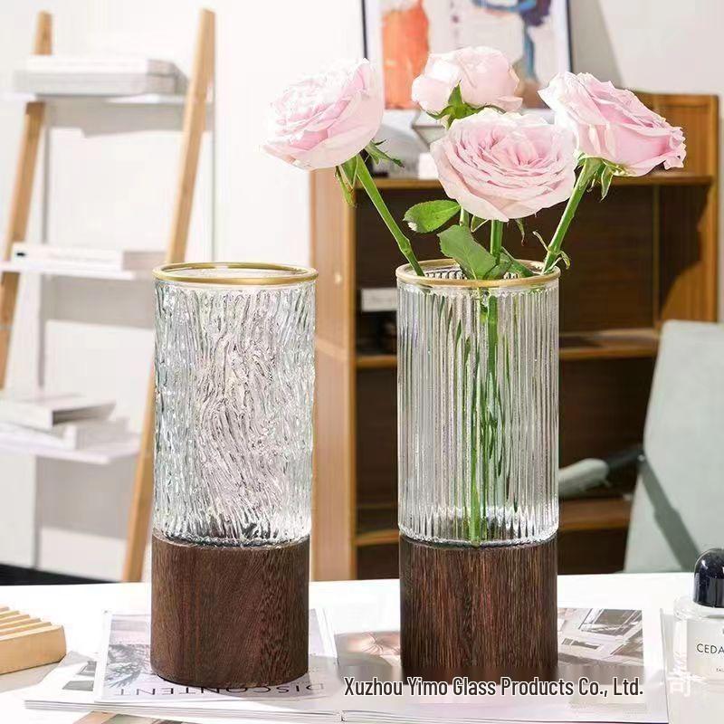 Скандинавская Роскошная Хрустальная Белая Стеклянная Ваза с Деревянной Подставкой для Живых Цветов - Декор для Гостиной