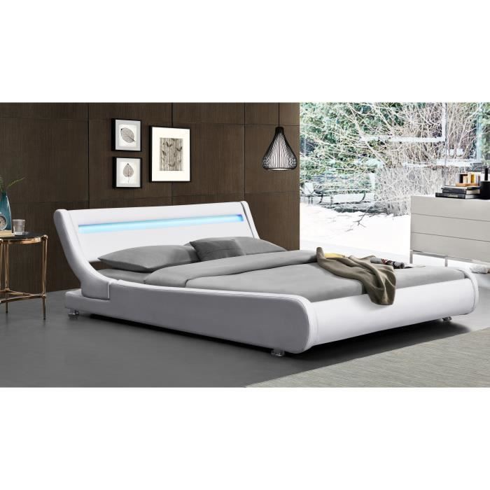 Lit pour matelas 140x200 - Sommier lattes - Tte de Lit LED - Couleur BLANC