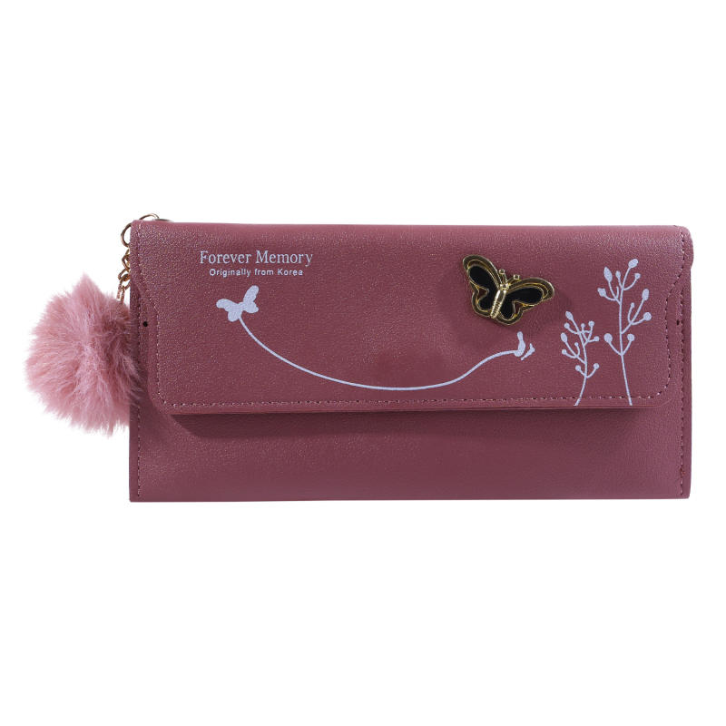 Женский кошелек Милый Элегантный Длинный Тонкий Чехол для Визиток Минималистичный Кошелек для Монет Кошелек на Молнии с Меховым Шариком и Декором в виде Бантика