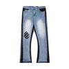 High-Quality Washed Denim Jeans Men Women Slim Flare Leg Black Blue Color Block Mid-Rise Cotton Blend