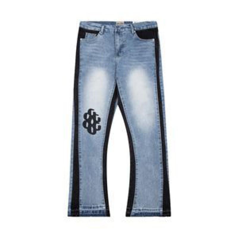 High-Quality Washed Denim Jeans Men Women Slim Flare Leg Black Blue Color Block Mid-Rise Cotton Blend