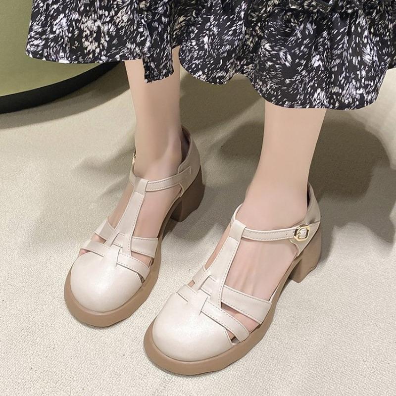 Черные летние женские босоножки на каблуках, лето 2024 г., удобные босоножки из искусственной кожи, женские босоножки на среднем каблуке с круглым носком в римском стиле