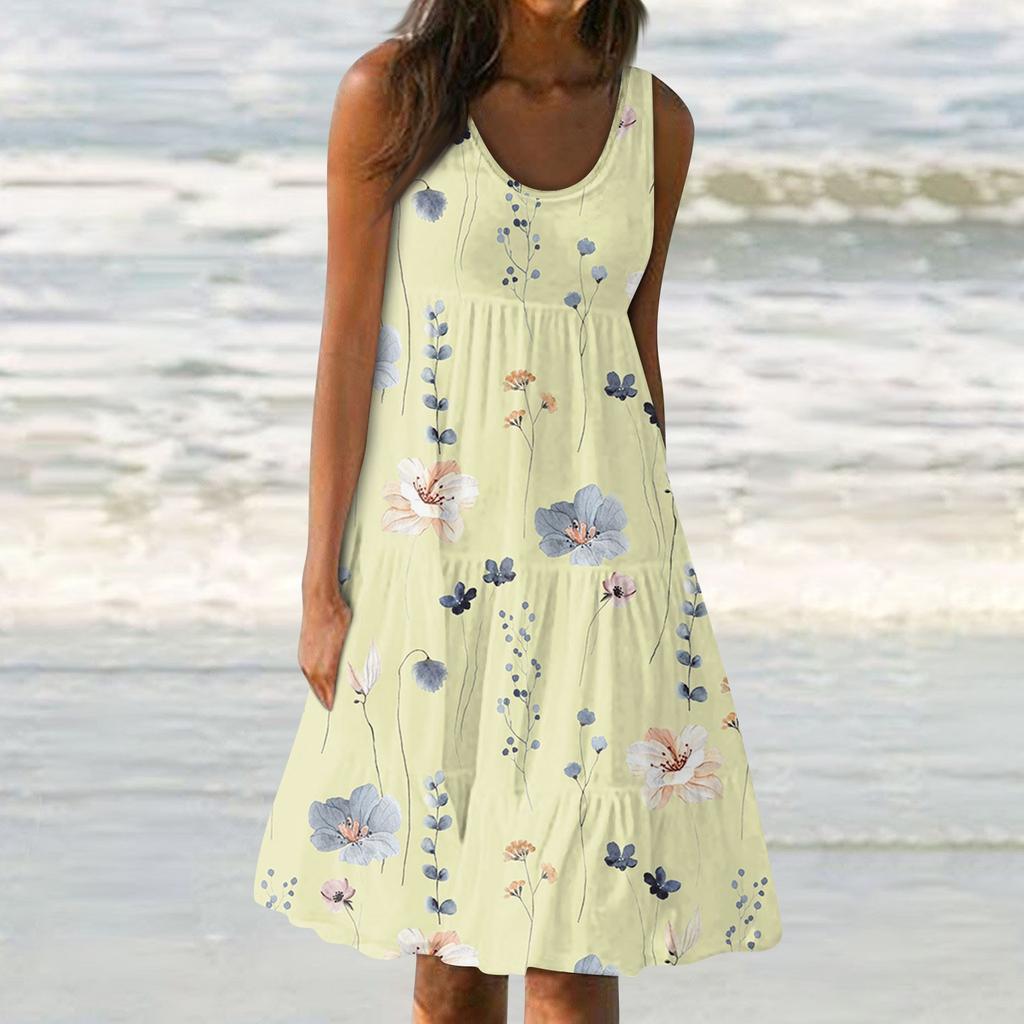 Женские платья-жилеты Лето-весна Плиссированные богемные платья Симпатичные струящиеся пляжные платья без рукавов Прямая футболка Платья-майки Платья с круглым вырезом