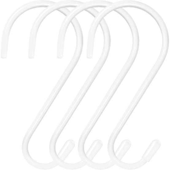4 Pack Large White Stylish Non Slip Rust Resistant Heavy Duty Metal Steel S Hooks, 6 inch Vinyl Coated, Hanging Closet Kitchen Garage Bathroom