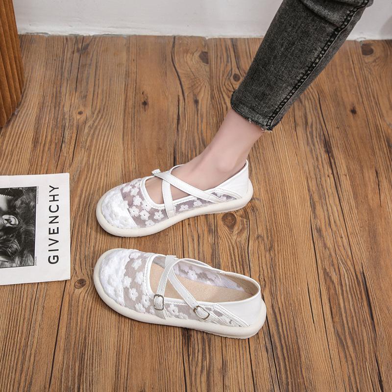 Модная женская обувь на одинарной подошве Лето 2025 Новая Толстая подошва Сетка Вышивка Кружево Тканевая обувь Повседневная Удобная Дышащая Спортивная обувь