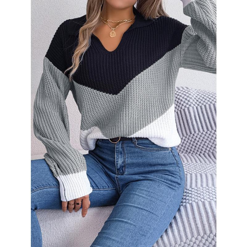 Женский осенне-зимний повседневный трикотажный свитер с длинным рукавом и лацканами