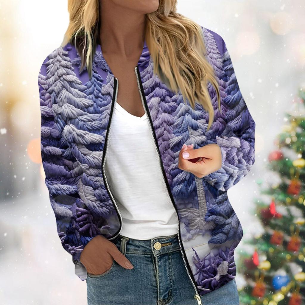 Женская легкая короткая куртка с длинными рукавами на молнии с принтом, повседневная стеганая куртка с карманами, рождественская