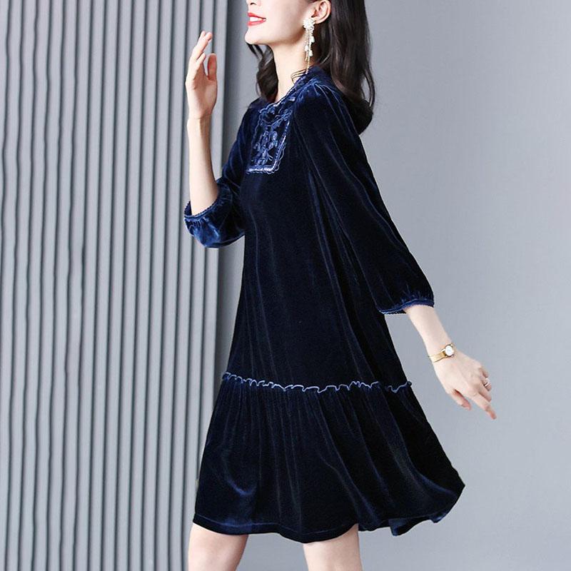 Женское платье из золотого бархата Весна Осень Круглый вырез Однотонное А-силуэт Платье Миди Длины