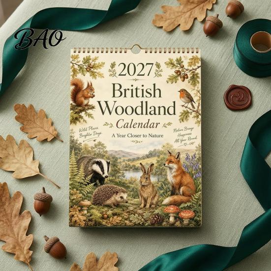 Decorative Daily Organizer 2027 British Woodland Calendar, 12 Month Hanging Planner, Thick Gift for Students Paper Desk Calendar Home Office