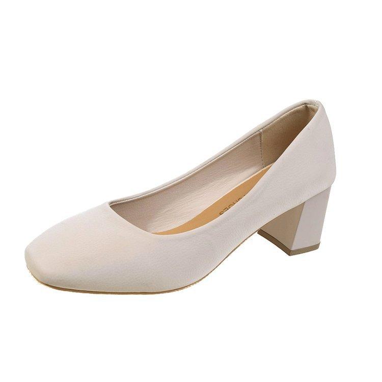2025 new women's shoes square head shallow mouth leather surface thick heel high heels spring and autumn four seasons women's single shoe manufacturer
