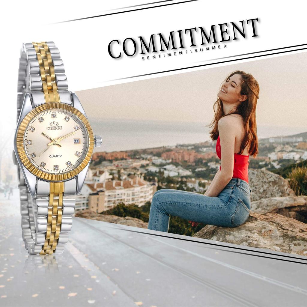 JEWELRYWE Watch 3ATM Waterproof Calendar Luminous Analog Japanese Quartz Stainless Steel Belt Fashion Accessory Gold Women's Women's
