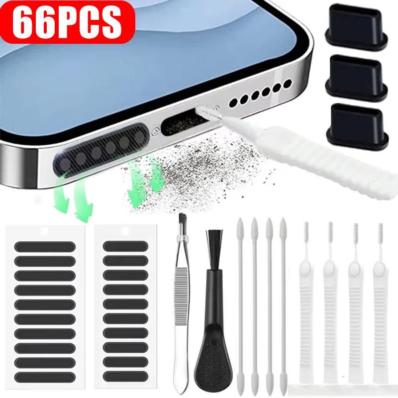 66PCS Phone Cleaning Kit Speaker Charging Port Cleaner Dust Plug for iPhone 17 16 14 Samsung Xiaomi Earphone Cleaning Brush Tool