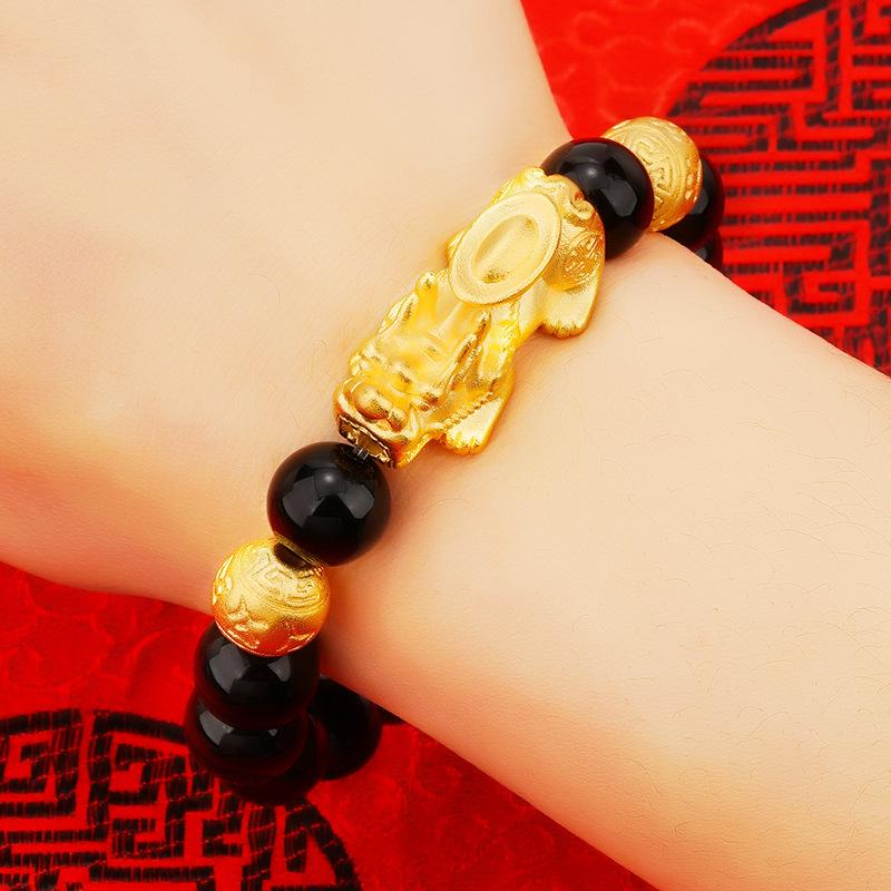 Luxury 24k Gold Pixiu Imitation Agate Bracelet for Men, Obsidian Bracelet, Sand Gold
