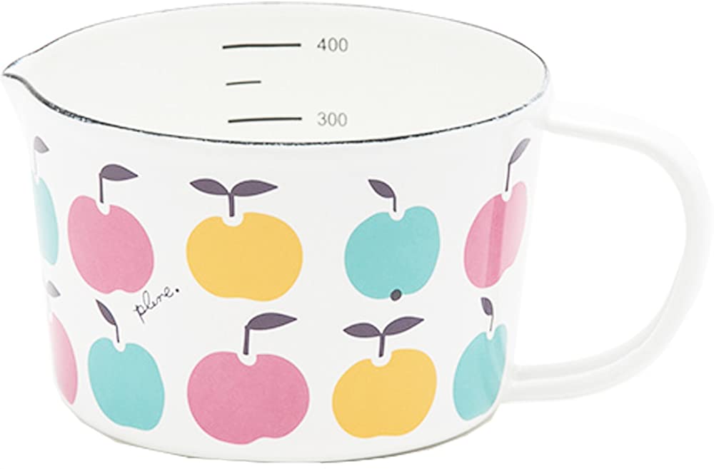 Tamahashi Enamel Measuring Cup, 450ml, Made In Japan, Prune, White, Apples Design, MC-602