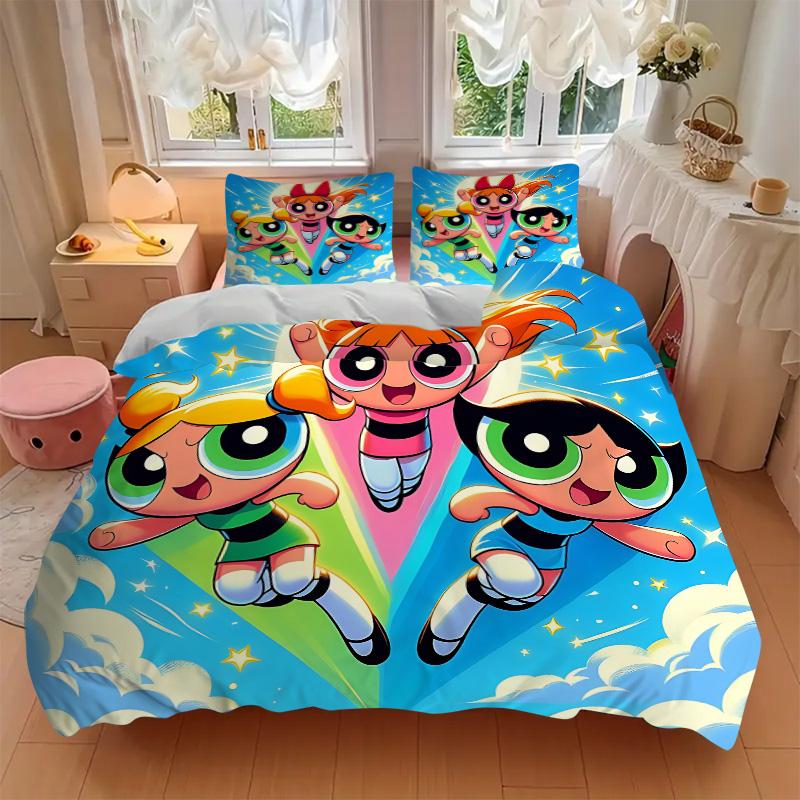 Powerpuff Girls Adventure Print 3Pcs Bedding Setduvet Cover With 2 Bedropillowcase Home Birthday Gift