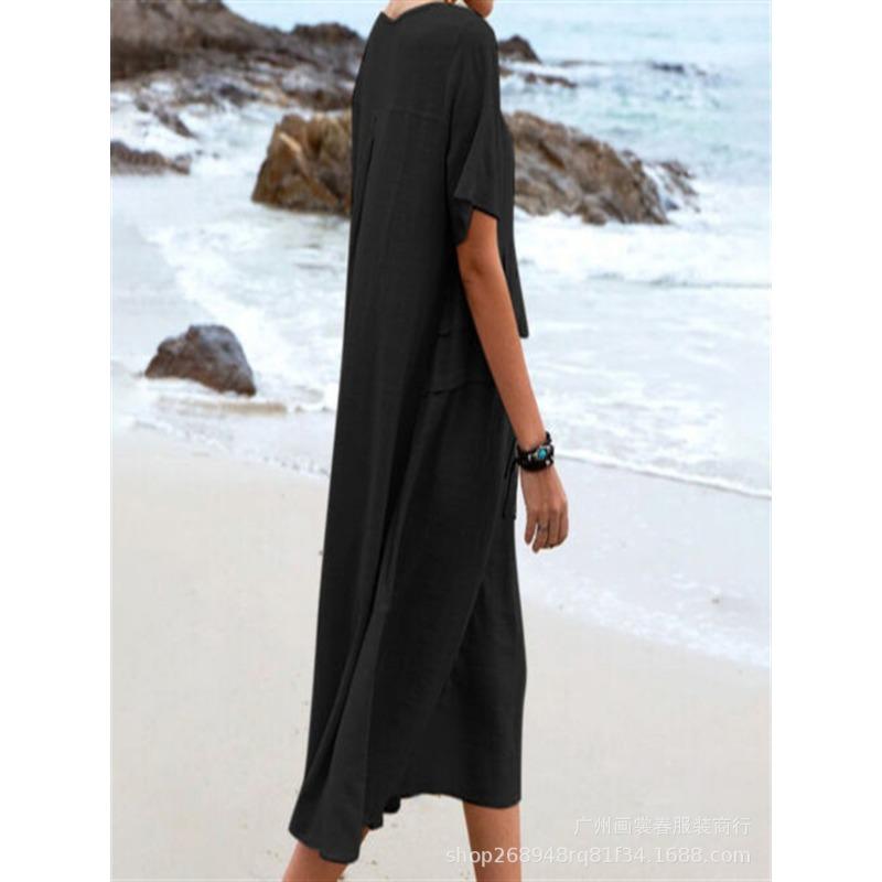 New Women's Cotton Pocket Casual Solid Color Short Sleeved Dress