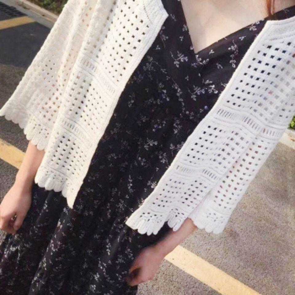 Минимально короткий вязаный свитер с ажурной шалью для весны и лета, тонкий облегающий кардиган с рукавом семь четвертей для женщин с кондиционером