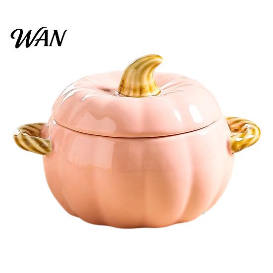 Handled Soup Bowl with Lid Pumpkin And Double Handle, Microwave Safe Decorative Practical Kitchen Gift for Home Ceramic Bowl, Heat Resistant Pot Stews