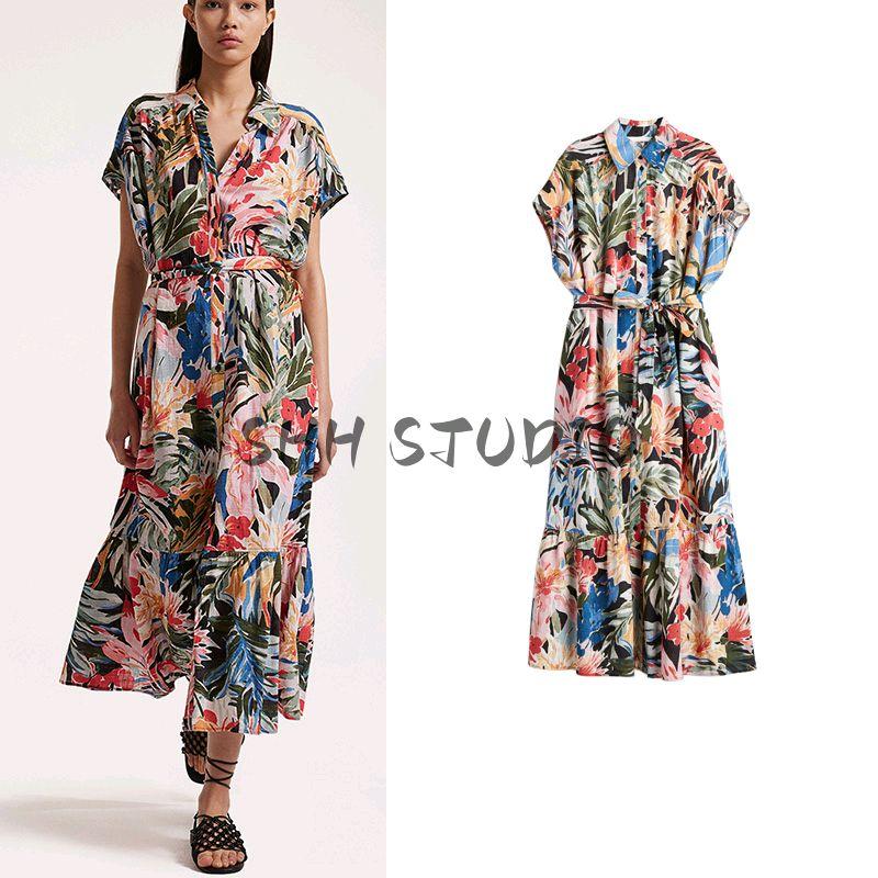 Spring and Summer Women's Clothing Cover Sleeve Design Cotton Blend Lapel Print Shoelace Shirt Style Dress 1241455