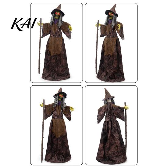 Skeleton Reaper Garden Statue Halloween Scary Animatronics Witch Decoration, Sound Activated Standing with Creepy Portable Foldable Holiday