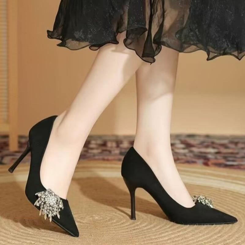 Fashion Fall New Pointed Toe Shallow Suede Slip-on Non-slip Sequin Heels Temperament Stiletto