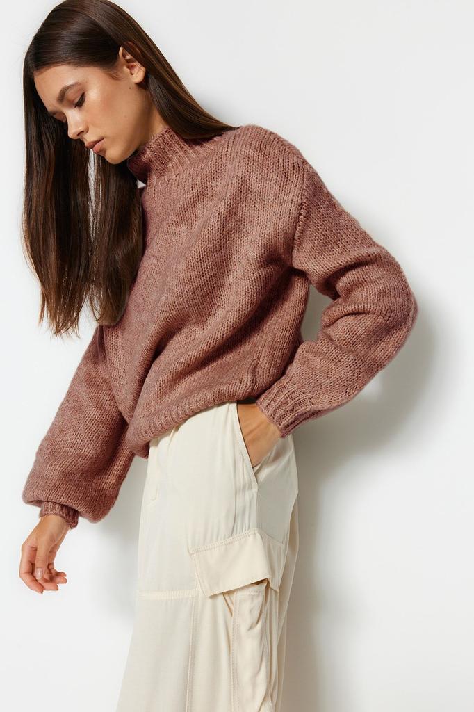 Женский модный стильный свитер фиолетовый мягкий текстурированный толстый трикотаж с круглым вырезом