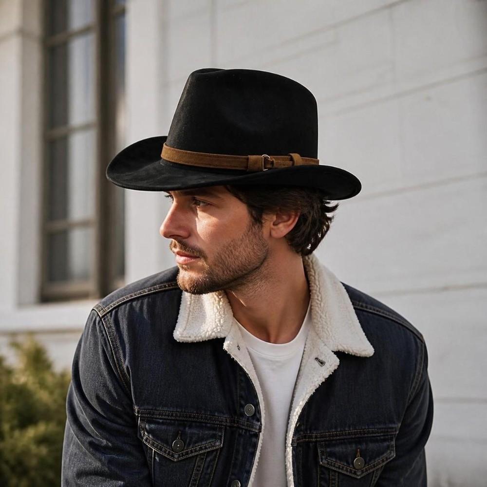 Roll Up Edge Cowboy Fedora Hat Suede Jazz Hat Fashion Western Hat Outdoor Travel