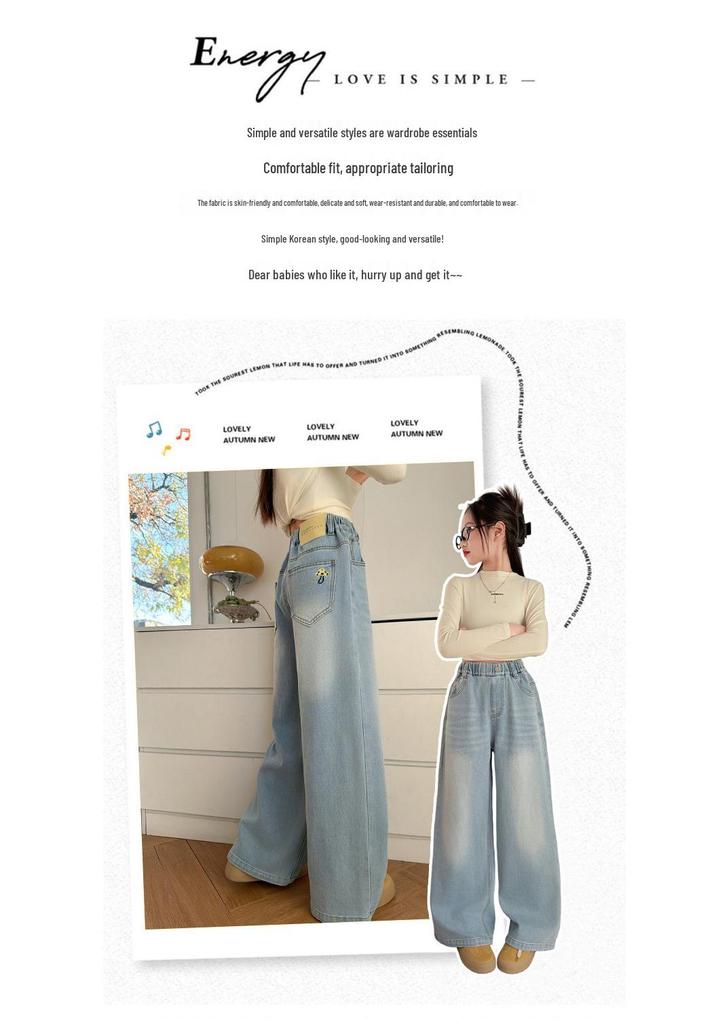 Girls' Stylish Loose Wide-Leg Jeans - Autumn 2026 Curved Leg Casual Pants for Medium & Large Children