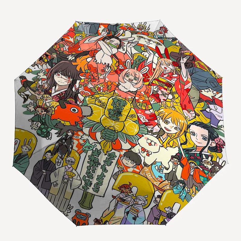 1pc Outdoor Umbrella with Japanese Characters and Festival Elements - Automatic Opening/Closing, Portable 3-Fold Design, 8-Rib Iron Frame - Perfe