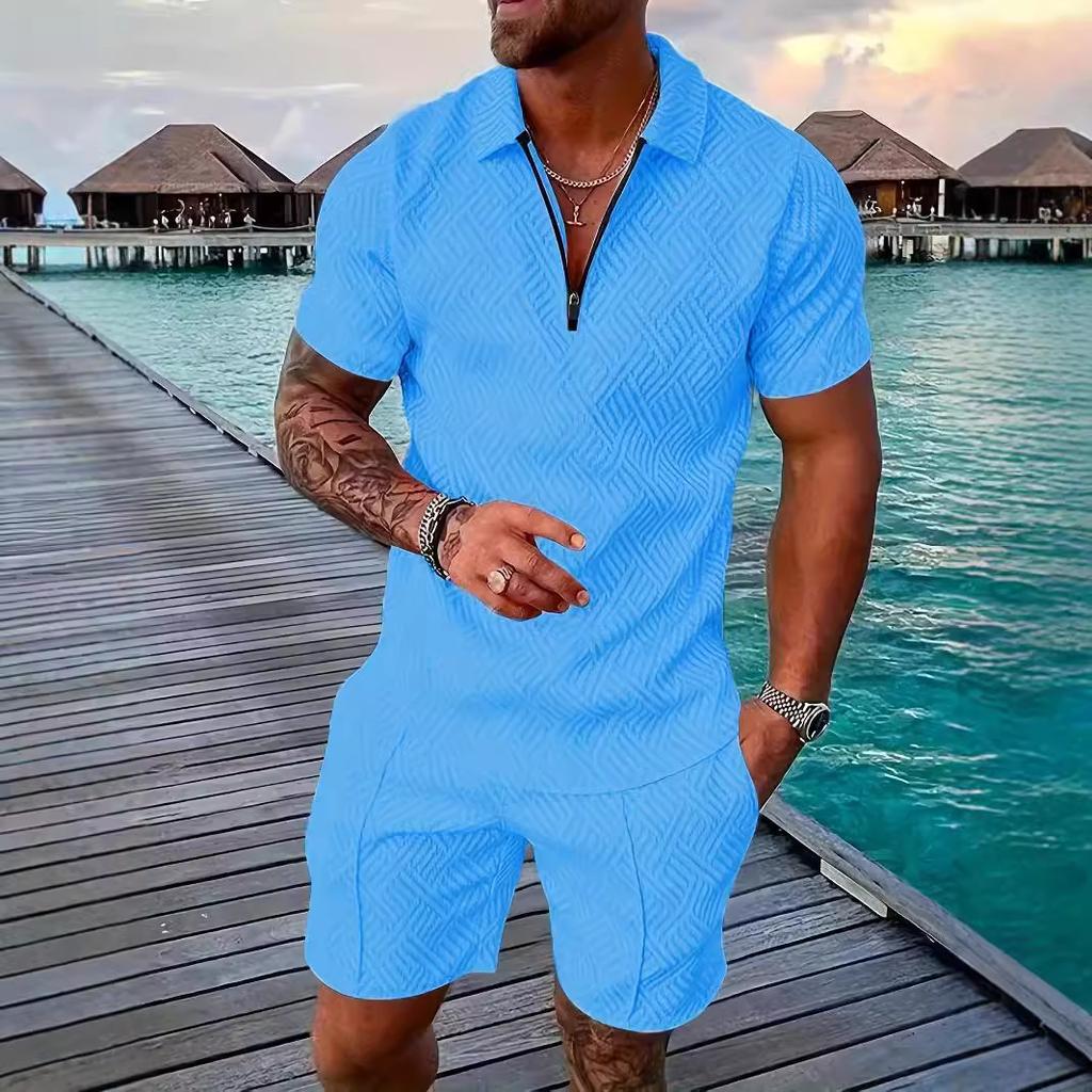 Мужской повседневный костюм с тропическим принтом - черная рубашка с коротким рукавом на молнии и белые шорты с карманами, полиэстер, машинная стирка