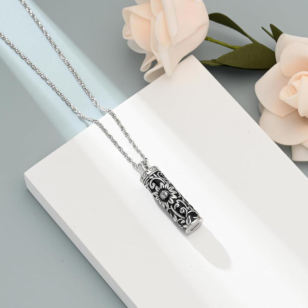 Шайво Ожерелье-урна в форме цилиндра для праха для женщин и мужчин Подсолнух Кремационное ювелирное изделие Флакон Памятный кулон для близкого человека