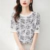 Chiffon T-shirt Women's Mid Sleeve Summer Women's Loose Fit Chinese Feng Shui Ink Printed Top T-Shirts Women’s