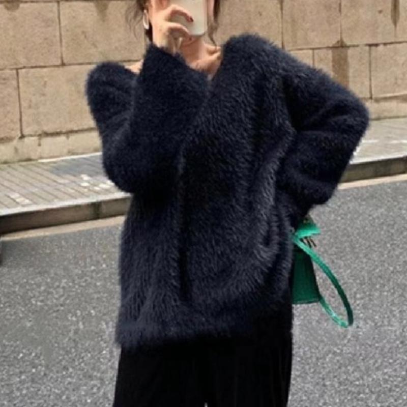 Новый модный теплый свитер из меха норки с V-образным вырезом для женщин, осенне-зимняя свободная верхняя одежда, трикотажные свитера, женские элегантные однотонные мягкие джемперы 24830