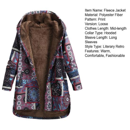 Women's Fleece Jacket Fall Winter Ethnic Printed Hooded Jacket Warm Long Sleeve Outwear Coat with Button Front for Daily Wear Outdoor Activities
