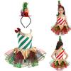Girls Christmas Theme Party Costume Sleeveless Stripes Print Dress with Headband for Kids Ballet Dancewear