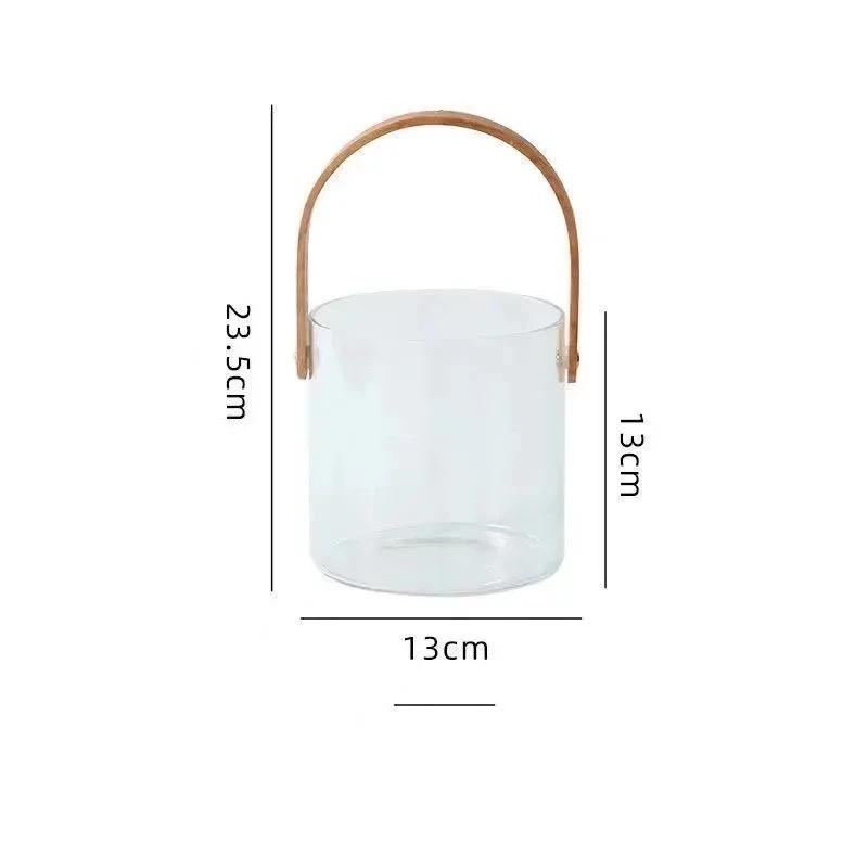 Переносная прозрачная стеклянная тарелка для фруктов | Ведро для ледяного вина | Салатница | Корзина для хранения закусок с деревянной ручкой