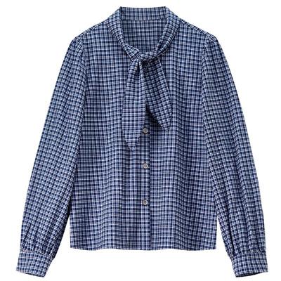 Женская ретро-блузка в клетку с галстуком на шее и длинным рукавом