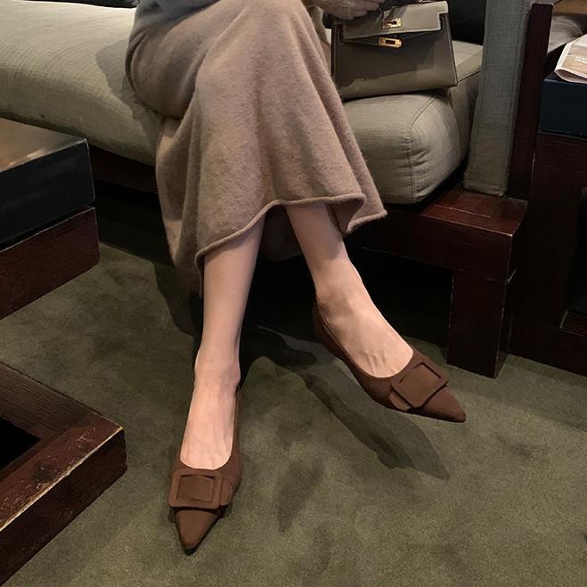 Sheepskin Version~ Square Buckle Leather Leopard Print Shoes Flat Mary Jane Shoes Women's Shallow Mouth Single Shoes Soft Sole Pointed Shoes Ladyshoes