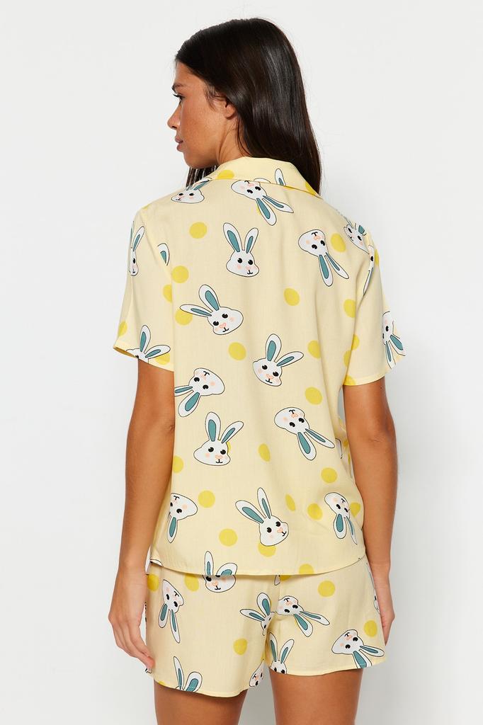 Women's Fashion New Pajama Set Yellow Rabbit Patterned Viscose Shirt-Shorts Woven Pajama Set