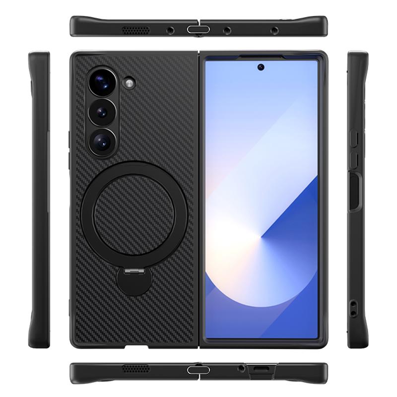 Чехол-держатель для телефона из кожи с вращающимся кольцом из углеродного волокна для Samsung Galaxy Z Fold 6 5 4 Fold6 Fold5 Fold Защитный чехол