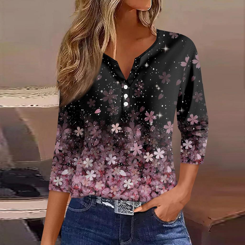 Women's T Shirt Tee Print Button 3/4 Sleeve Daily Weekend Fashion Basic V- Neck Regular Top